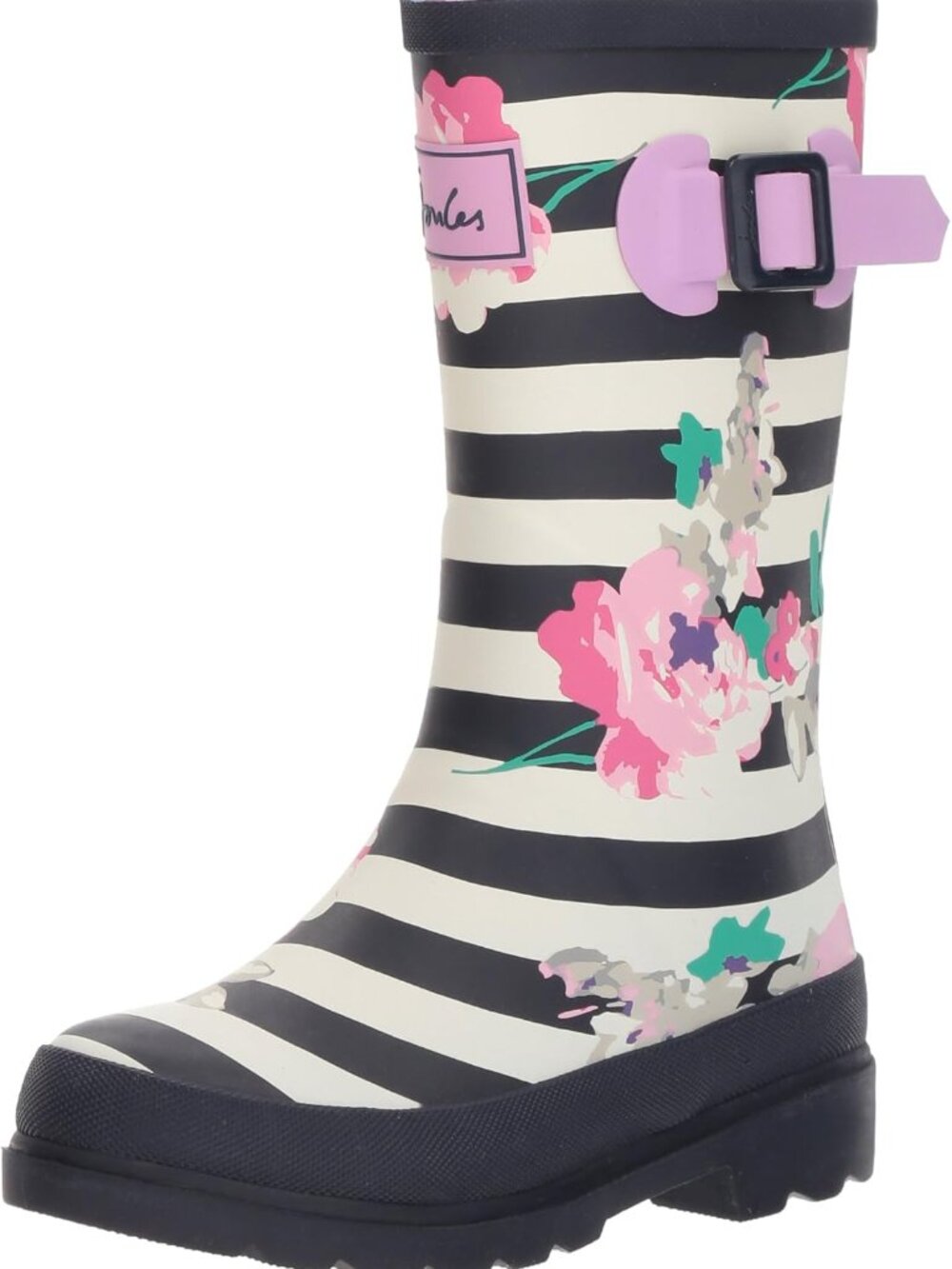 Girls Joules Pretty Navy Blue Stripe Floral Waterproof Rubber Rain Boots size 1Y